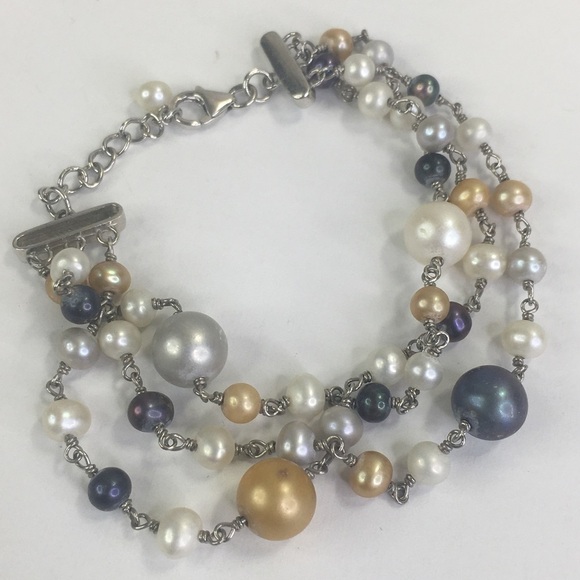 Authentic Pearl bracelet 925 silver triple strand 7.5"-8.5" Multi color - Picture 1 of 6